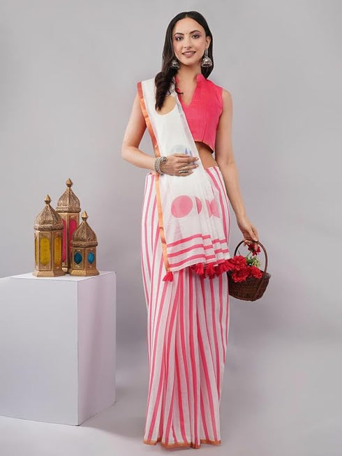 Vasthrlay White Women'S Blue And White Chevron Printed Linen Saree