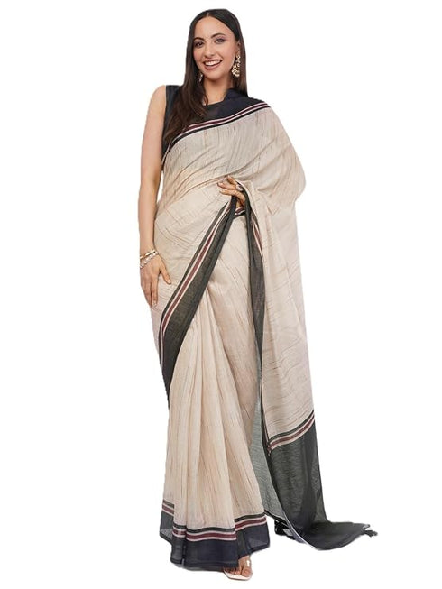 Vasthrlay Beige Printed Linen Saree With Unstitched Blouse Piece