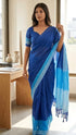 Vasthrlay Blue Striped | Floral | Solid Print Design Linen Saree With Solid Unstitched Linen Blouse Piece