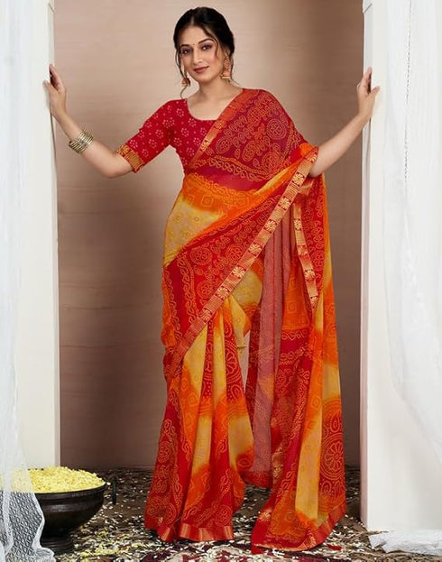 Vasthrlay Chiffon Bandhani Unstitched Yellow Saree