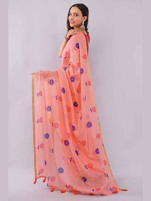 Vasthrlay Womens Peach Daisy Floral Prints Linen Saree With Zari Border And Unstitched Blouse Piece