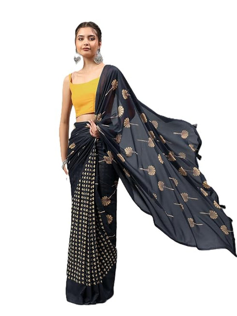Vasthrlay Midnight Black Faux Georgette Botanical Floral Printed Saree With Unstitched Blouse
