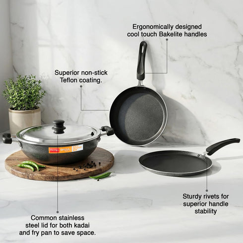 Prestige Non-Stick 3 Pc Cookware Set with Stainless Steel Lid