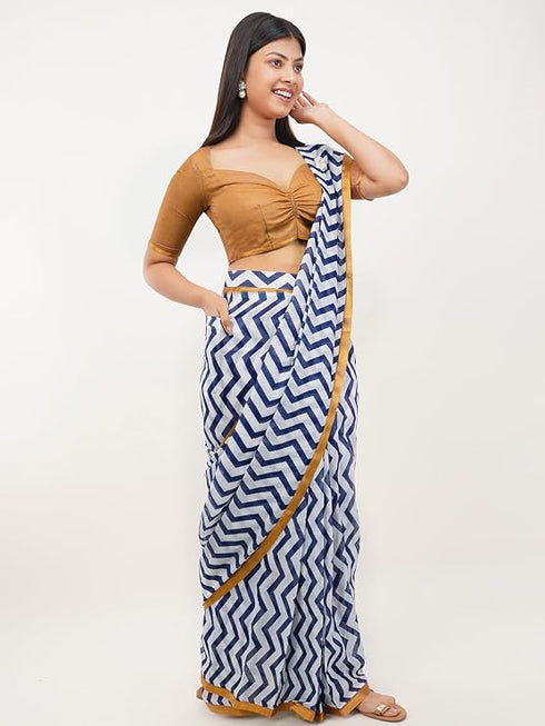 Vasthrlay Blue White Multi Print Design Linen Ready To Wear Saree