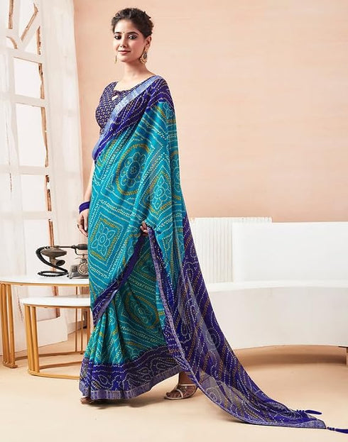 Vasthrlay Bandhani Printed Chiffon Dark Blue And Light Blue Saree With Unstitched Blouse Piece
