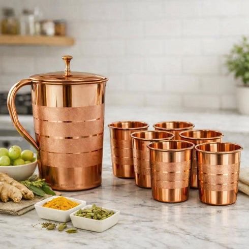 Copper Jug with 6 Copper Glasses