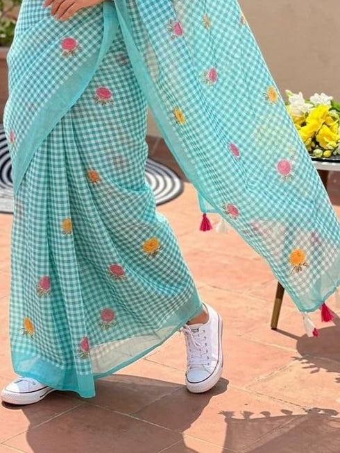 Vasthrlay Checked Pattern Tassels Unstitched