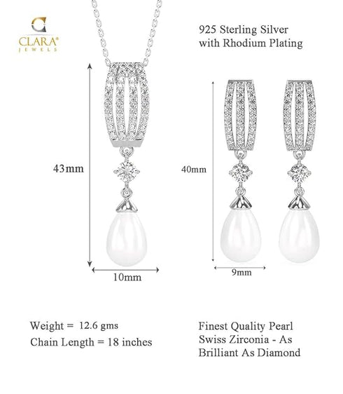 Clara 925 Sterling Silver Pearl Queen Pendant Earring Chain Jewellery Set
