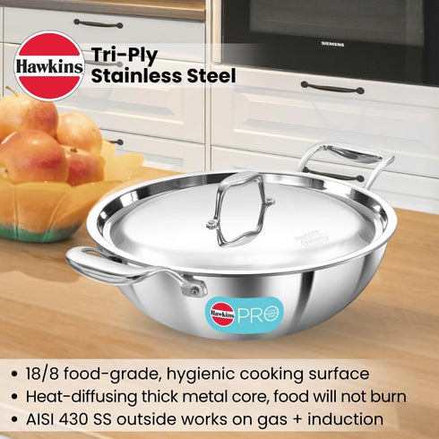 Hawkins Pro 3.5 Litre Deep-Fry Pan Triply Stainless Steel Kadhai