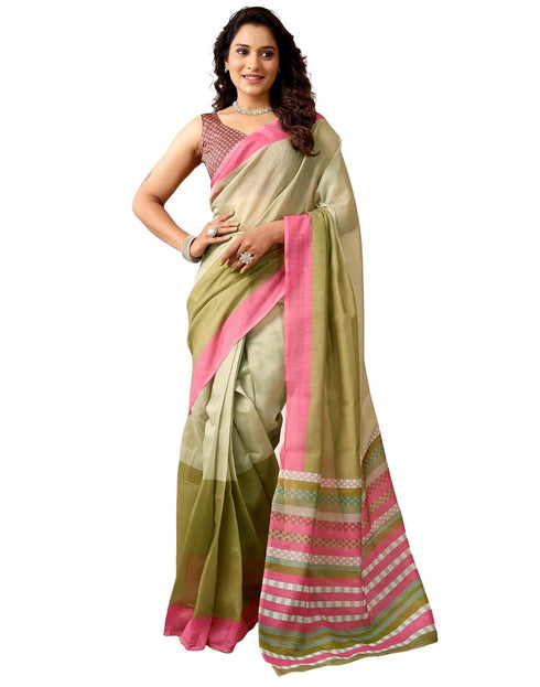 Vasthrlay Chanderi Printed Green Saree With Unstitched Blouse Piece