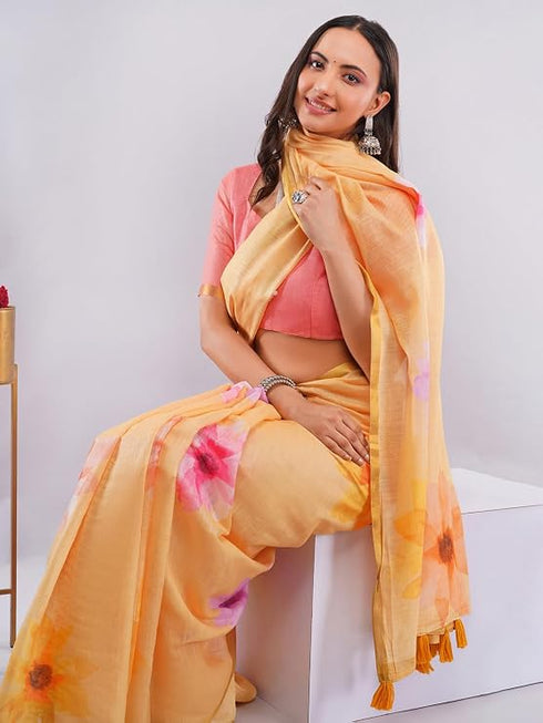 Vasthrlay Women'S Yellow Chevron Printed Linen Saree With Unstitched Blouse