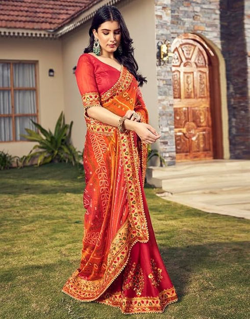 Vasthrlay Bandhani Embroidery Unstitched Red Saree