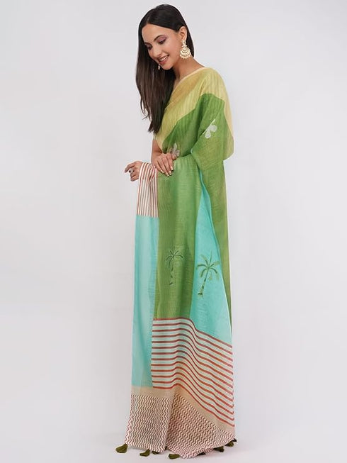 Vasthrlay Green Linen Floral | Striped | Check Design Printed Saree With Solid Unstitched Linen Blouse Piece