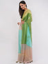 Vasthrlay Green Linen Floral | Striped | Check Design Printed Saree With Solid Unstitched Linen Blouse Piece
