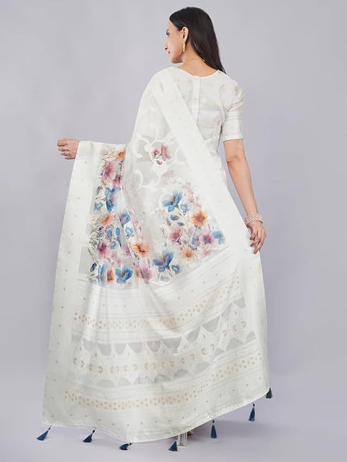Vasthrlay Floral Off White Print Chanderi Silk Blend Saree With Unstitched Blouse Piece