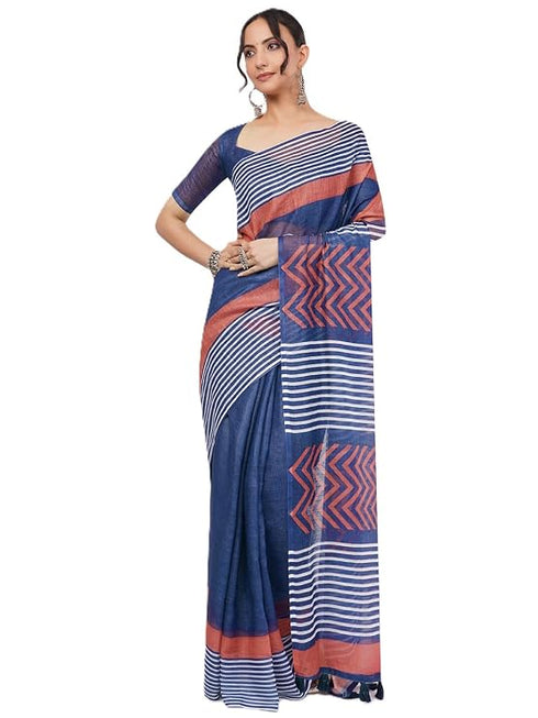 Vasthrlay Blue Womens Printed Linen Saree With Unstitched Blouse Piece