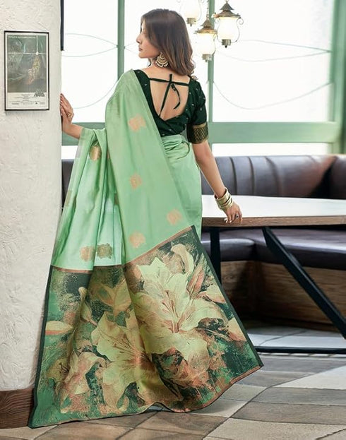 Vasthrlay Jacquard Kanjivaram Unstitched Pista Green Saree
