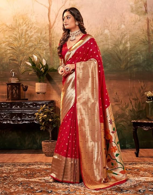 Vasthrlay Paithani Jacquard Unstitched Dark Green Saree