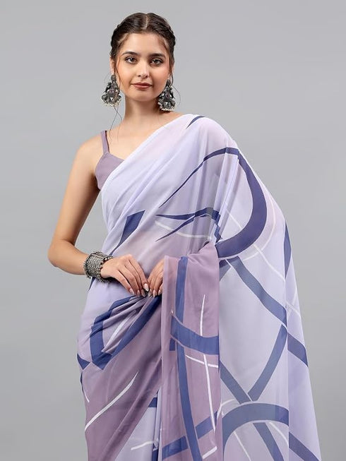 Vasthrlay Blue Floral| Solid| Striped Design Georgette Saree With Unstitched Blouse Piece