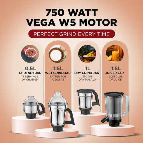Preethi Zodiac Mixer Grinder, 5 Jars: Food Processor + 3 SS Jars + Juicer, Black