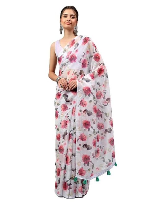 Vasthrlay Purple Sheer Spring Floral Printed Art Chiffon Saree With Unstitched Blouse