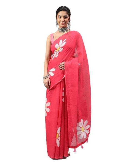 Vasthrlay Tomato Pink Linen Floral Printed Saree With Solid Unstitched Linen Blouse Piece