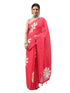 Vasthrlay Tomato Pink Linen Floral Printed Saree With Solid Unstitched Linen Blouse Piece