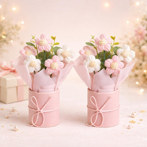 Set of 2 Pink Crochet Flower Bouquet