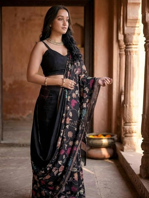 Vasthrlay Black Floral Print Ready To Wear Linen Saree