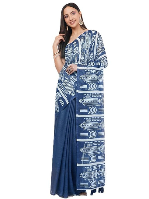 Vasthrlay Blue White Linen Floral | Striped | Check Design Printed Saree With Solid Unstitched Linen Blouse Piece