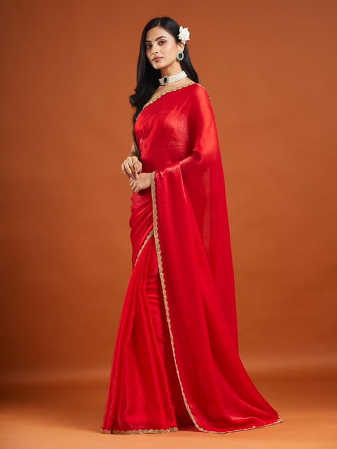 Vasthrlay Red Embroidery Unstitched Saree