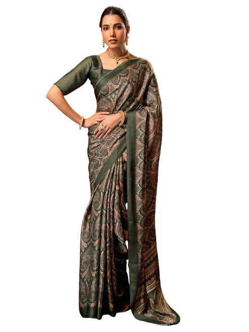 Vasthrlay Chiffon Printed Unstitched Dark Green Saree