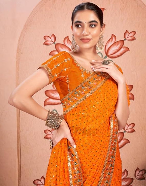 Vasthrlay Bandhani Embroidery Unstitched Rama Green Saree