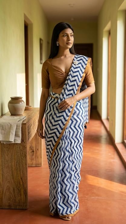 Vasthrlay Blue White Striped| Floral| Solid Print Design Linen Saree With Solid Unstitched Linen Blouse Piece