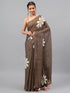 Vasthrlay Brown Linen Floral Printed Saree With Solid Unstitched Linen Blouse Piece