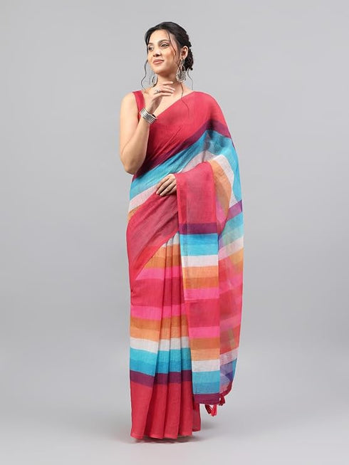 Vasthrlay Multi Red Printed Striped Linen Saree With Solid Linen Unstitched Blouse Piece For Women