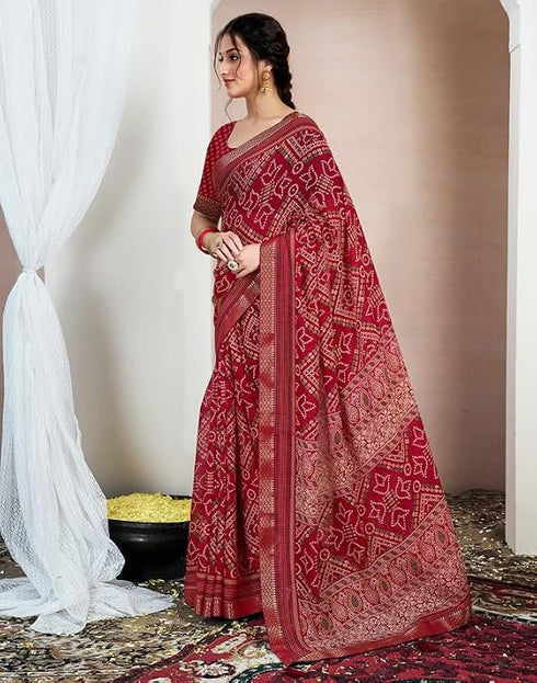 Vasthrlay Chiffon Bandhani Red1 Saree With Unstitched Blouse Piece