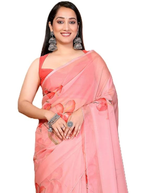 Vasthrlay Orange Digital Print Linen Ready To Wear Saree For Women