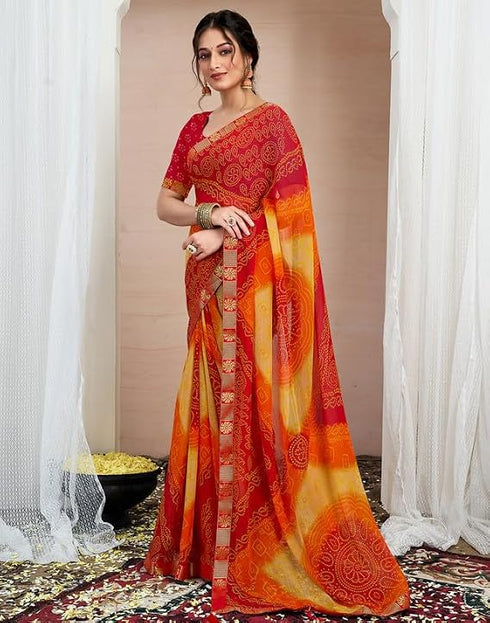 Vasthrlay Chiffon Bandhani Red And Yellow Saree With Unstitched Blouse Piece