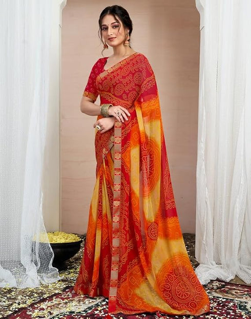 Vasthrlay Chiffon Bandhani Unstitched Yellow Saree