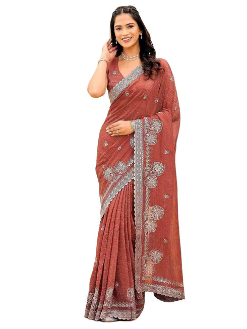 Vasthrlay Scalloped Embroidery Turquoise Saree