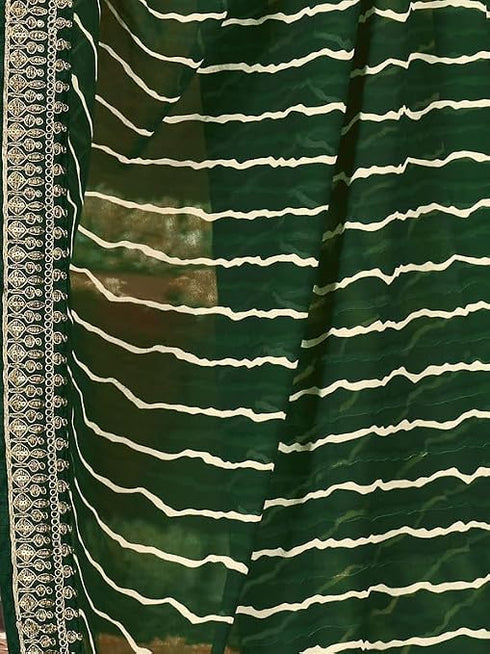 Vasthrlay Georgette Embroidery Dark Green | Golden Saree With Unstitched Blouse Piece