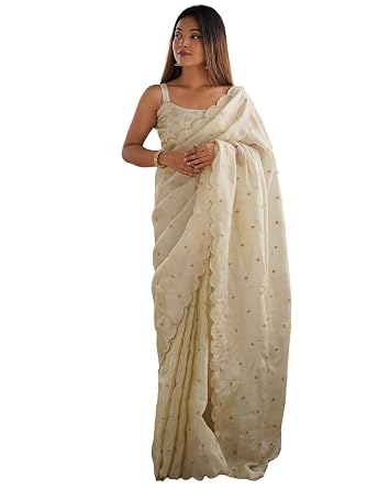Vasthrlay Shimmer Silk Dual Tone Sequence Embroidery Cream Saree With Unstitched Blouse Piece