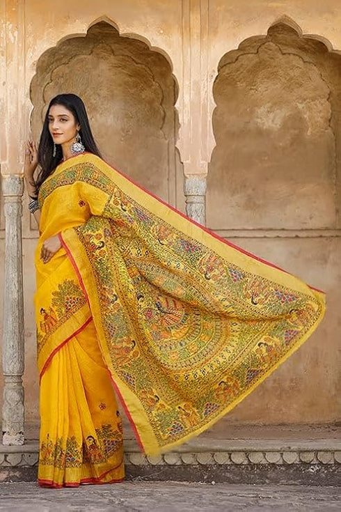 Vasthrlay Printed Unstitched Kalamkari Yellow Free Ethnic Wear