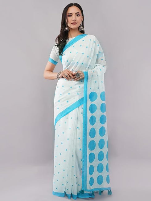 Vasthrlay White Blue Striped | Floral | Solid Print Design Linen Saree With Solid Unstitched Linen Blouse Piece