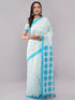 Vasthrlay White Blue Striped | Floral | Solid Print Design Linen Saree With Solid Unstitched Linen Blouse Piece