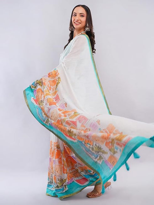 Vasthrlay Women'S Off White Chevron Printed Linen Saree With Unstitched Blouse