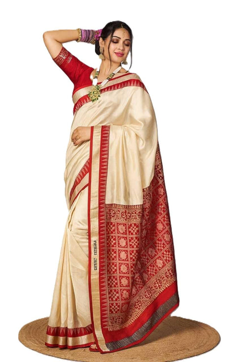 Vasthrlay Silk Saree For Women Tussar Cream Banarasi Garad Handloom Pure Kanjivaram Soft Beige Saree Red Saree