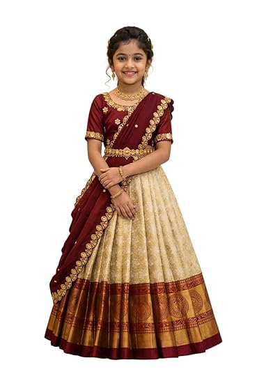 Vasthrlay White Button Half Saree South Indian Langa Voni Pattu Pavadai Lehenga Choli For Girls