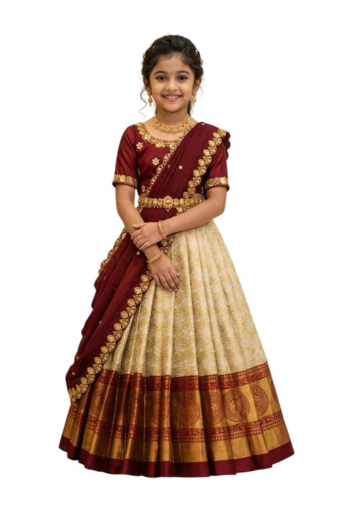 Vasthrlay White Button Half Saree South Indian Langa Voni Pattu Pavadai Lehenga Choli For Girls
